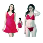Alluring Magenta Satin Silk 3-Piece Nightgown & Bikini Combo