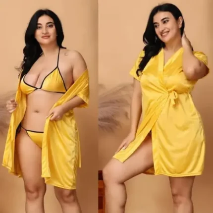 Bright Yellow Satin Silk 3-Piece Nightwear Robe Set