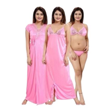 Charming Baby Pink Satin Silk 4-Piece Nightwear Set