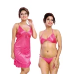 Charming Rose Pink Satin Silk 3-Piece Nightwear Set