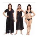 Classic Black Satin Silk 4-Piece Lingerie & Robe Set