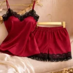 Deep Wine Red Satin Cami Shorts Nightwear Set with Lace Trim