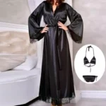Glamorous Black Long Satin Silk Robe 3-Piece Lingerie Set