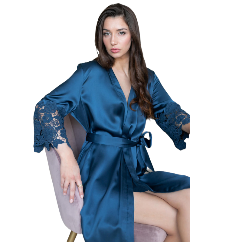 Luxury Teal Blue Satin Silk Robe with Embroidered Lace Sleeves Luxury Teal Blue Satin Silk Robe with Embroidered Lace Sleeves - Image 1