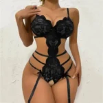Midnight Black Floral Lace & Strappy Garter Teddy Bodysuit