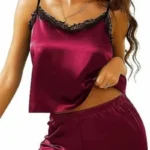 Plum Wine Satin Cami Top & Shorts Set with Black Lace