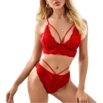 Sensual Bright Red Floral Lace Strappy Lingerie Set