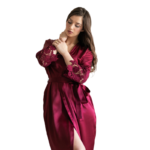 Sensual Burgundy Red Satin Silk Kimono Robe with Lace Sleeves
