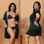 Sensual Dark Green Satin Silk 3-Piece Kimono Robe Set