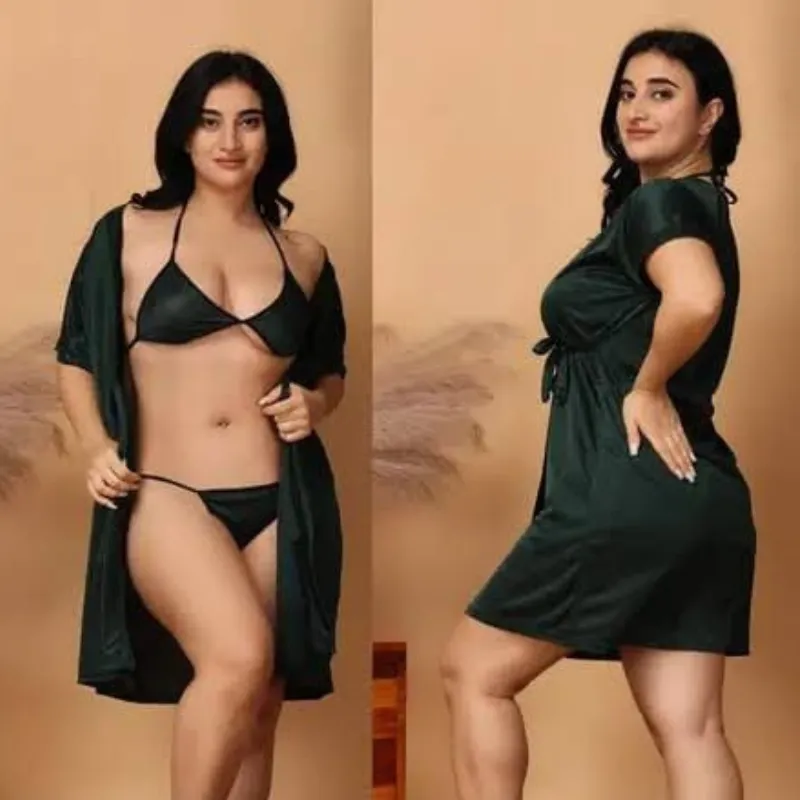 Sensual Dark Green Satin Silk 3-Piece Kimono Robe Set Sensual Dark Green Satin Silk 3-Piece Kimono Robe Set - Image 1