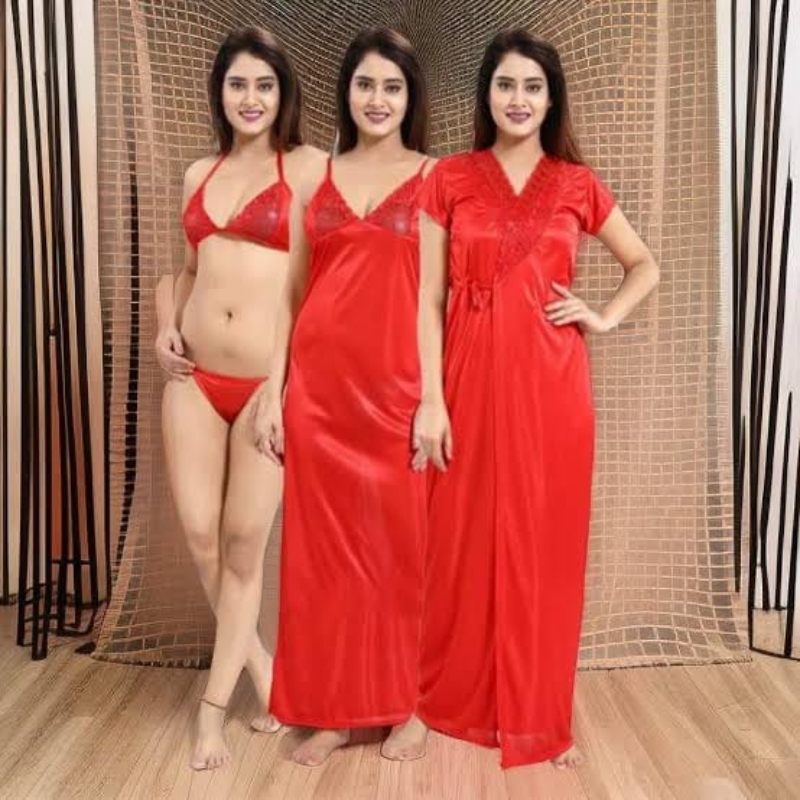 Sensual Red Satin Silk 4-Piece Bridal Nightwear & Robe Combo Sensual Red Satin Silk 4-Piece Bridal Nightwear & Robe Combo - Image 1