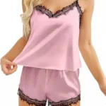 Soft Pink Satin Cami Top & Shorts Nightwear Set with Lace Trim
