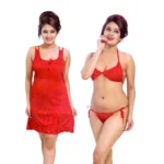 Vibrant Red Satin Silk 3-Piece Nightwear & Lingerie Set